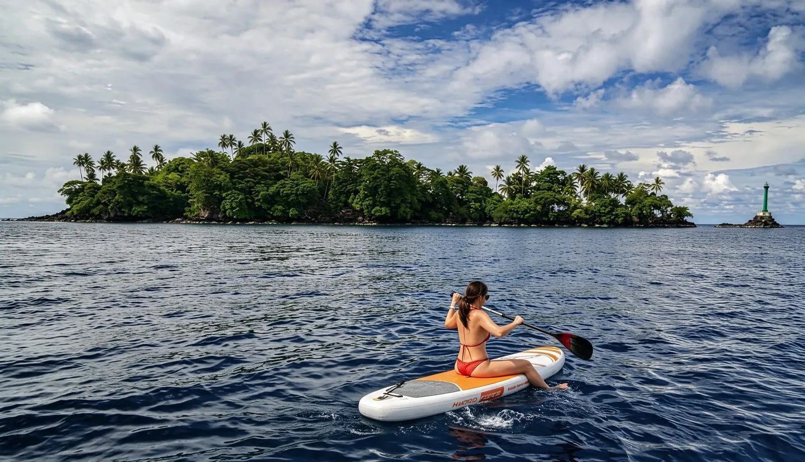 All Star Velocean liveaboard – guest paddling a stand-up paddleboard toward a palm-covered island – Indonesia