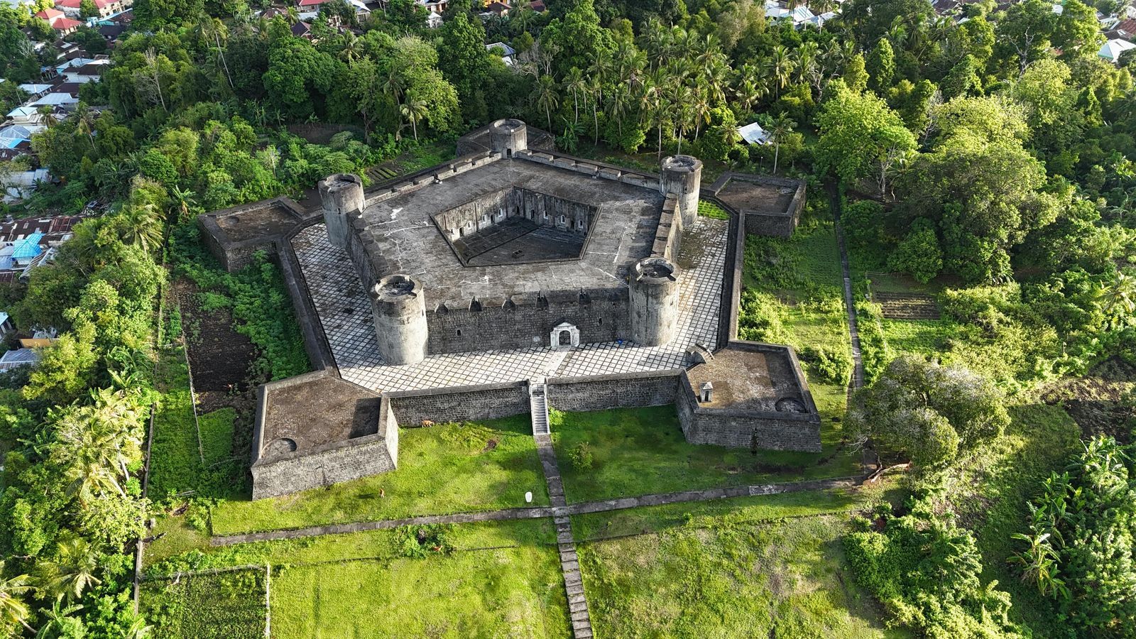 Historic Benteng Belgica fortress aerial view Banda Islands Indonesia liveaboard diving destination