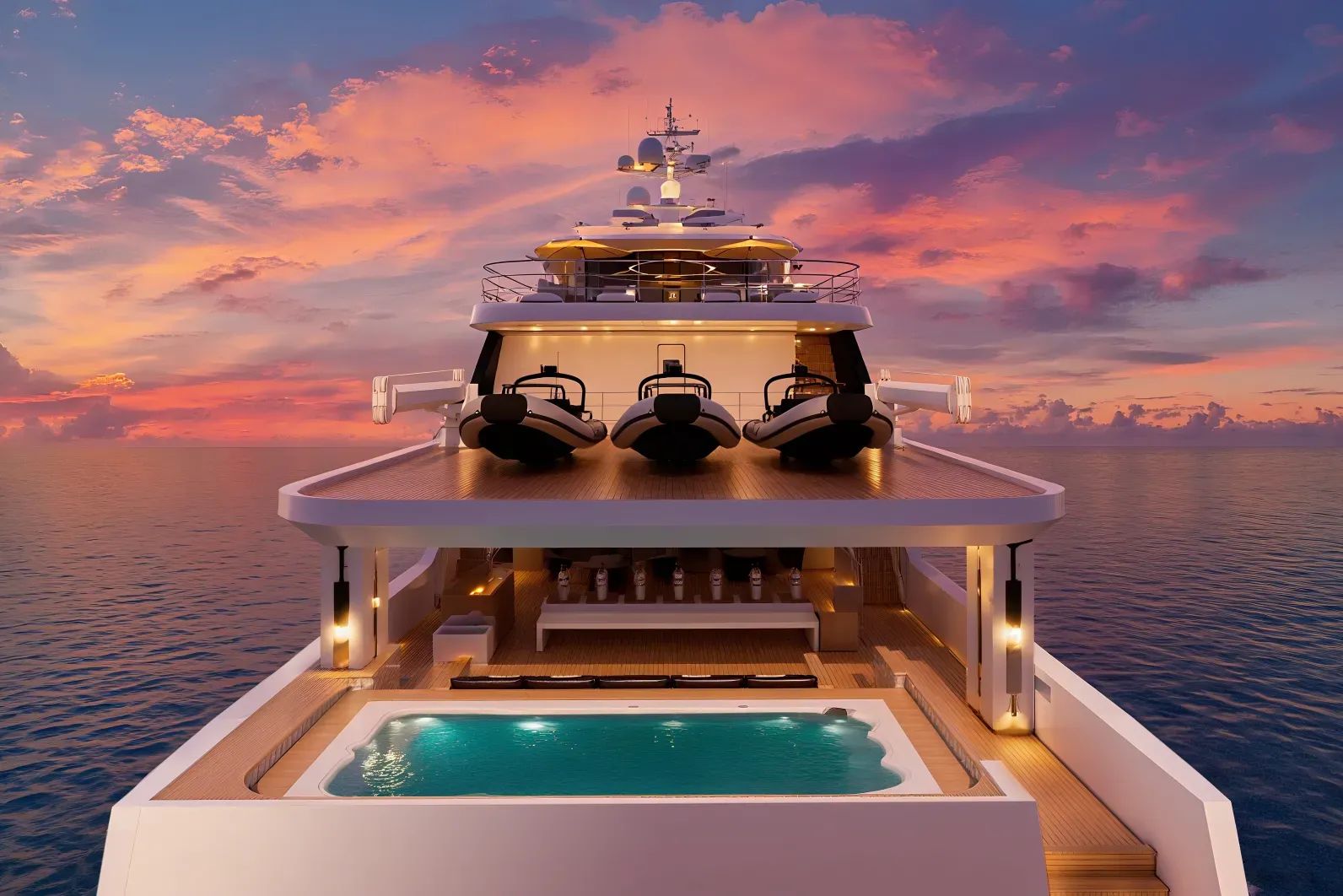Blue Pearl liveaboard – aft deck with tenders and plunge pool at sunset – Indonesia