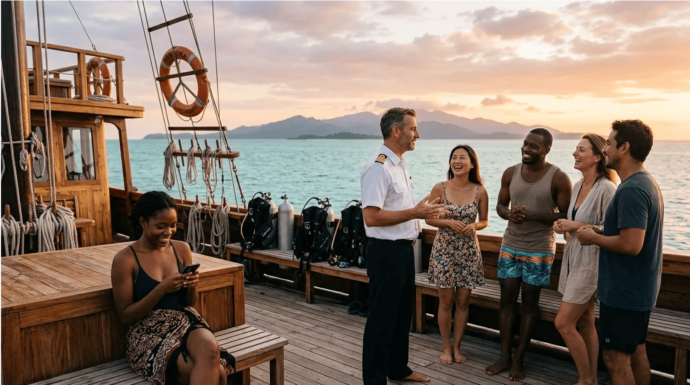 Cruise director talking with guests on a liveaboard deck at sunset, one guest checking her phone.