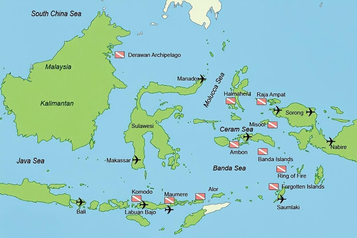 Indonesia liveaboard diving destinations map showing Raja Ampat Komodo Banda Sea Alor and other diving locations across Indonesian archipelago