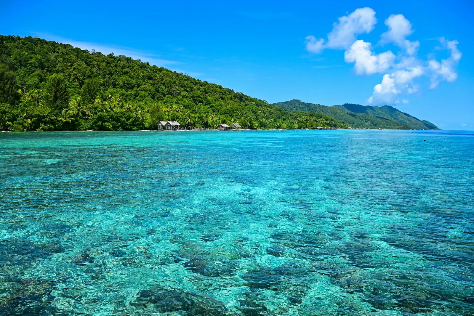 Clear turquoise water over a shallow reef with a jungle-covered island and stilted wooden huts in the background, Raja Ampat, Indonesia